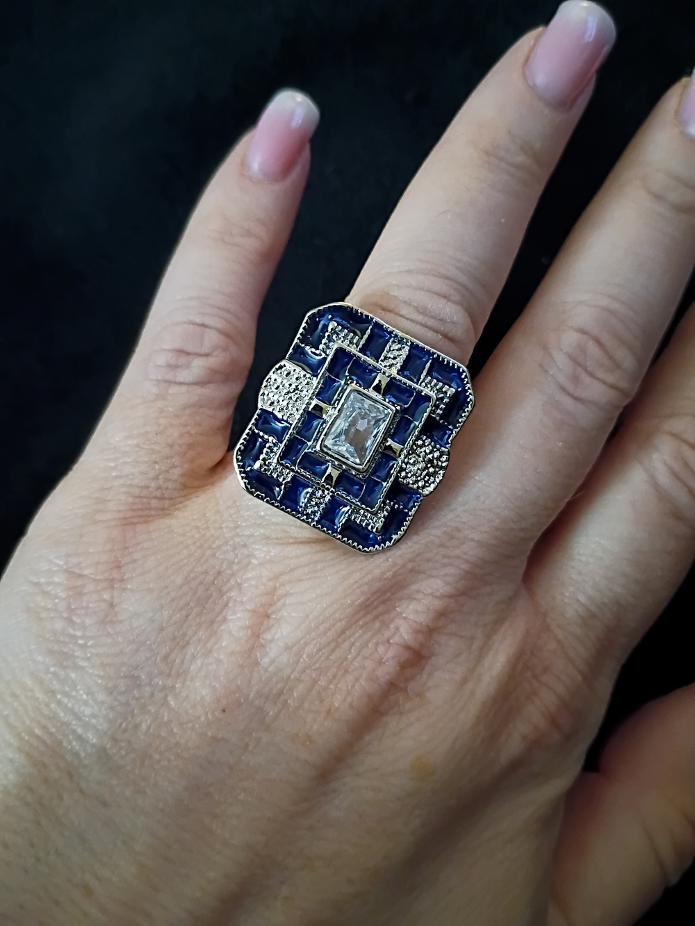 Navy Blue Enamel & Crystal Statement Ring
